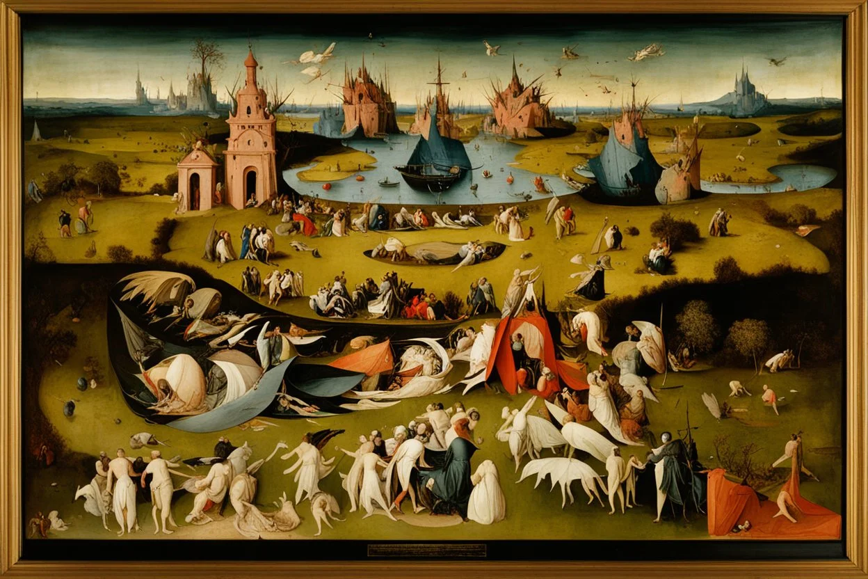 View of Elysium with dark female flying around over people running away in fear, creatures crawling, Hieronymus Bosch