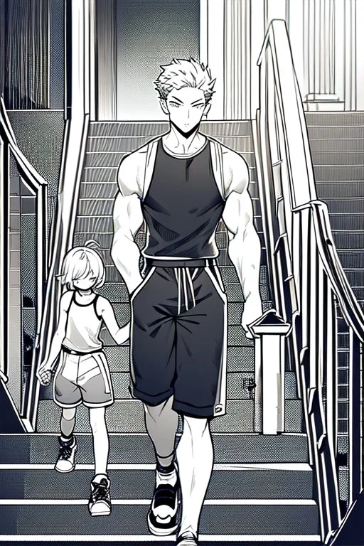 a boy in shorts sleeveless shirt climbs the stairs, greyscale