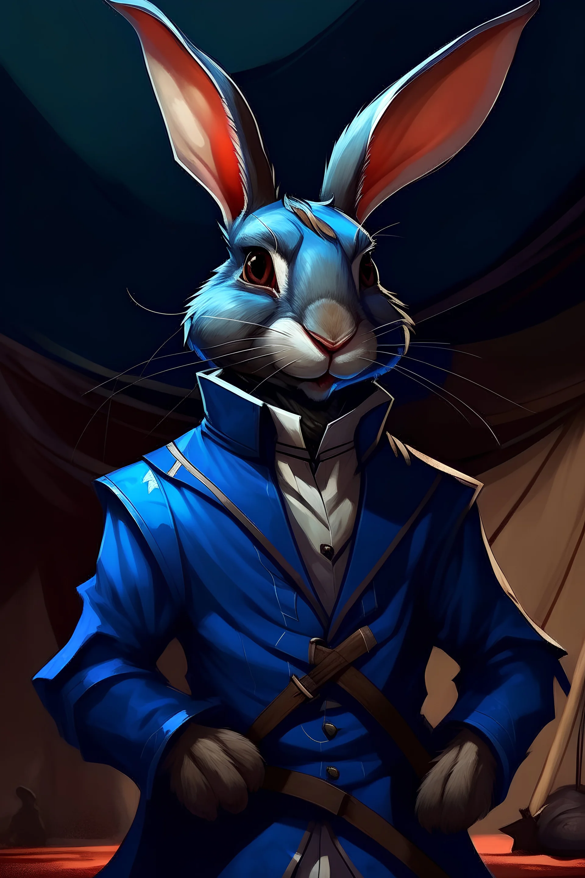 Portrait of a dungeons and dragons character that is a skinny male rabbit with blue fur on his face and body. He is wearing a black leather trench coat. The background is a circus tent.