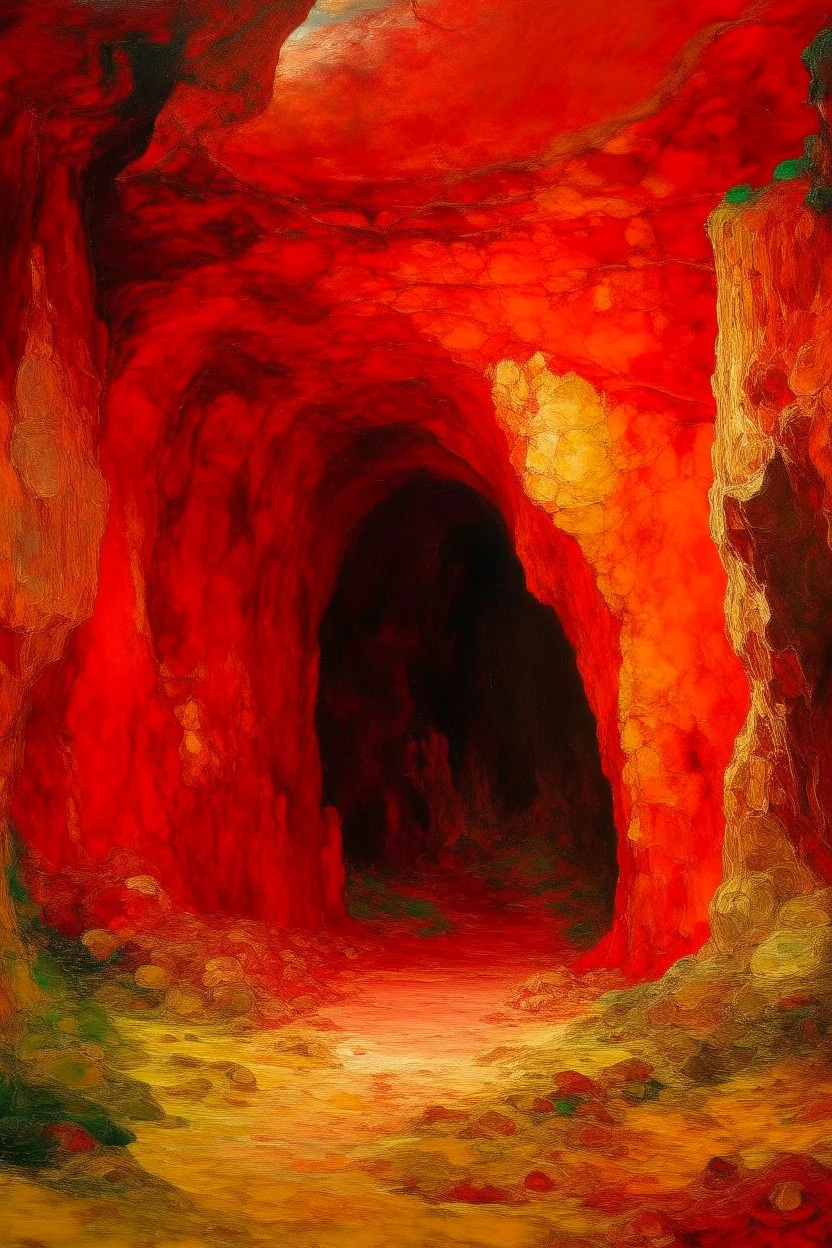 An orangish red cavern with a furnace vault painted by Claude Monet
