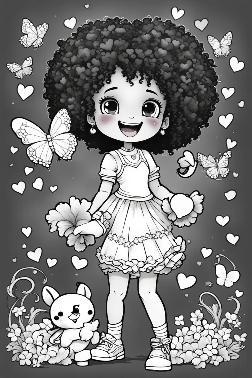 create a coloring page of a chibi girl with a curly afro ponytails dancing around hearts and butterflies. she smiles while shes playing with her puppy, black and white