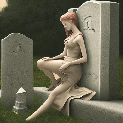 Woman crying laying next to a tombstone, cute, beautiful