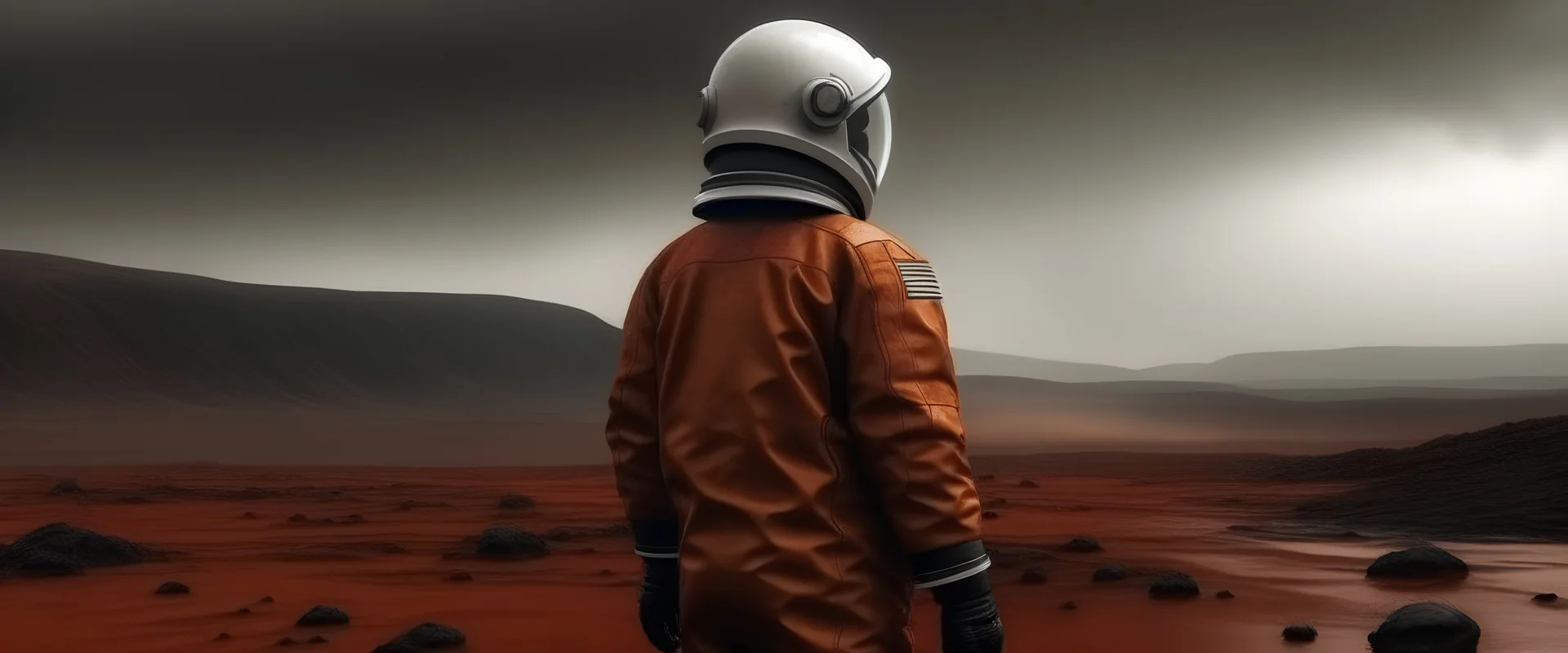 an asian man wearing safety suit with hardhat standing in lighting and storm of rainy weather condition in the field of mars