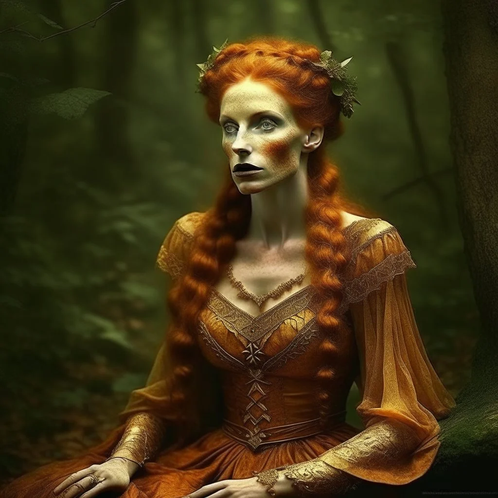 an attractive ginger faun woman in the forest, medieval clothing, deviantart, fantasy