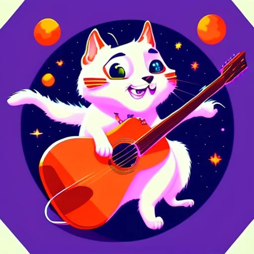 sticker design on white background, Pixar kitten playing guitar, vector art, flat illustration style , ultra detailed