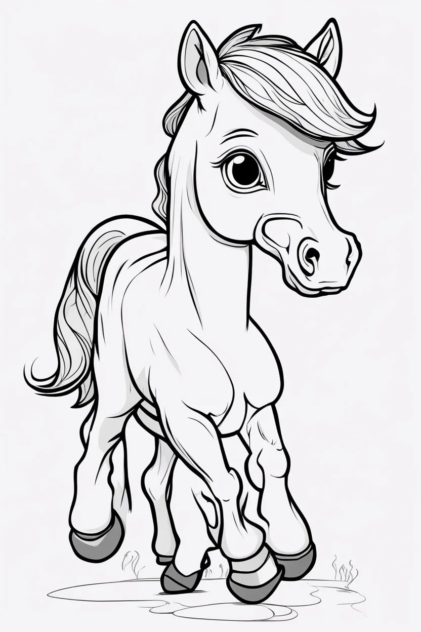 create a outlined cartoon coloring page of a babyhorse . Pay attention to the details of the faces and White background, sketch style, use outline, clean line art, no shadows, no coloring, no shading, no grey.