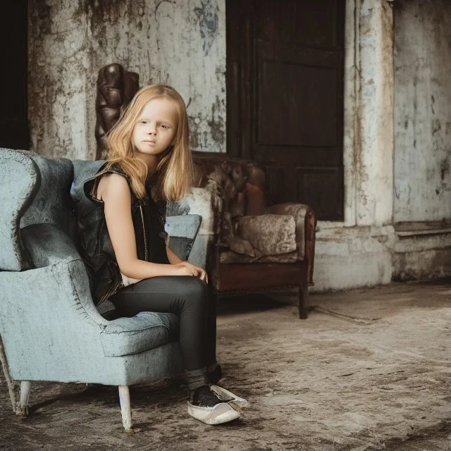 photography national geographic style girl sits on leather armchair.