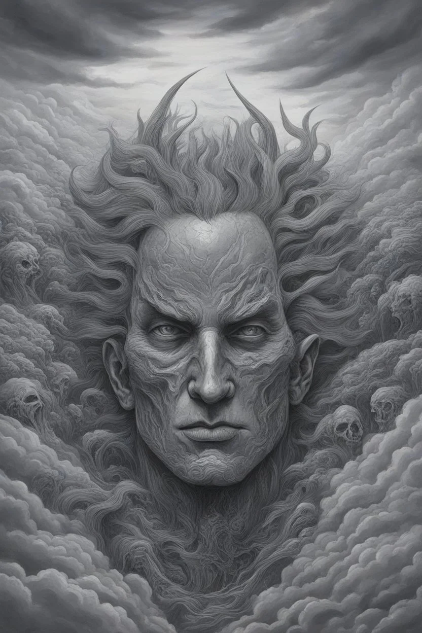 Nightmare in my mind, evil in many faces, Busch painting nightmare, thin line draw, 3D gray clouds colors