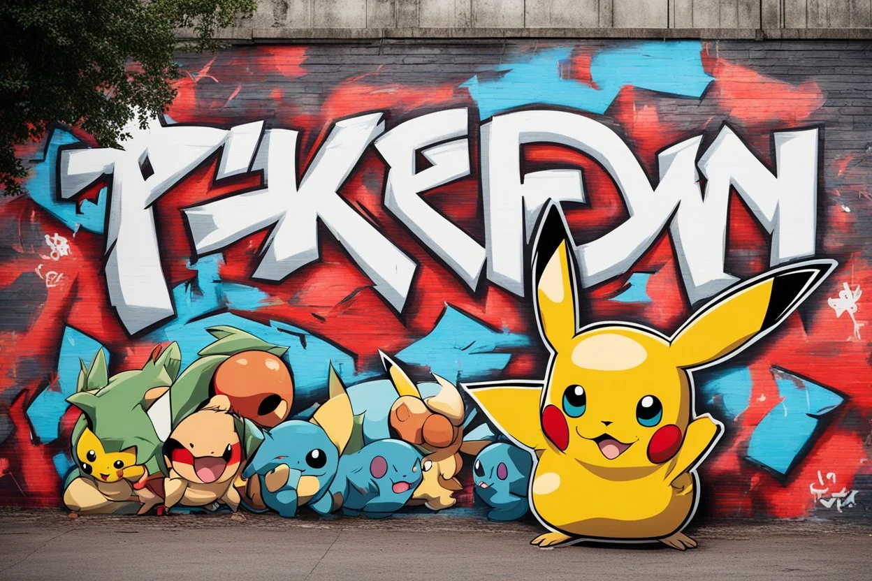 a graffiti mural wall with the word cell pokemon style