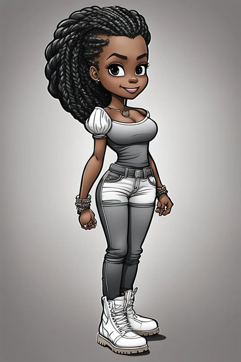 Create a black and white coloring page of a cartoon of a curvy African American chibi female wearing tight jeans and a off the shoulder blouse. She is also wearing timberland boots.. Highly detailed very long extremely braids of hair. Her skin is smooth and silky. Background of a track of ATV riders. No coloring, no shading, no grayscale,