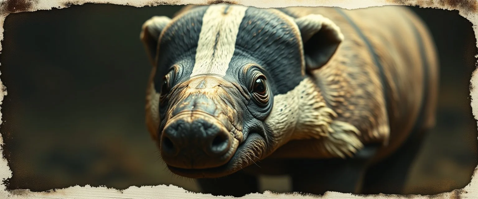 3d airbrush render, close up on rhino badger , pinhole cam, airbrush 3d rendering, in the style of Titian and Rembrandt , torn edges on border