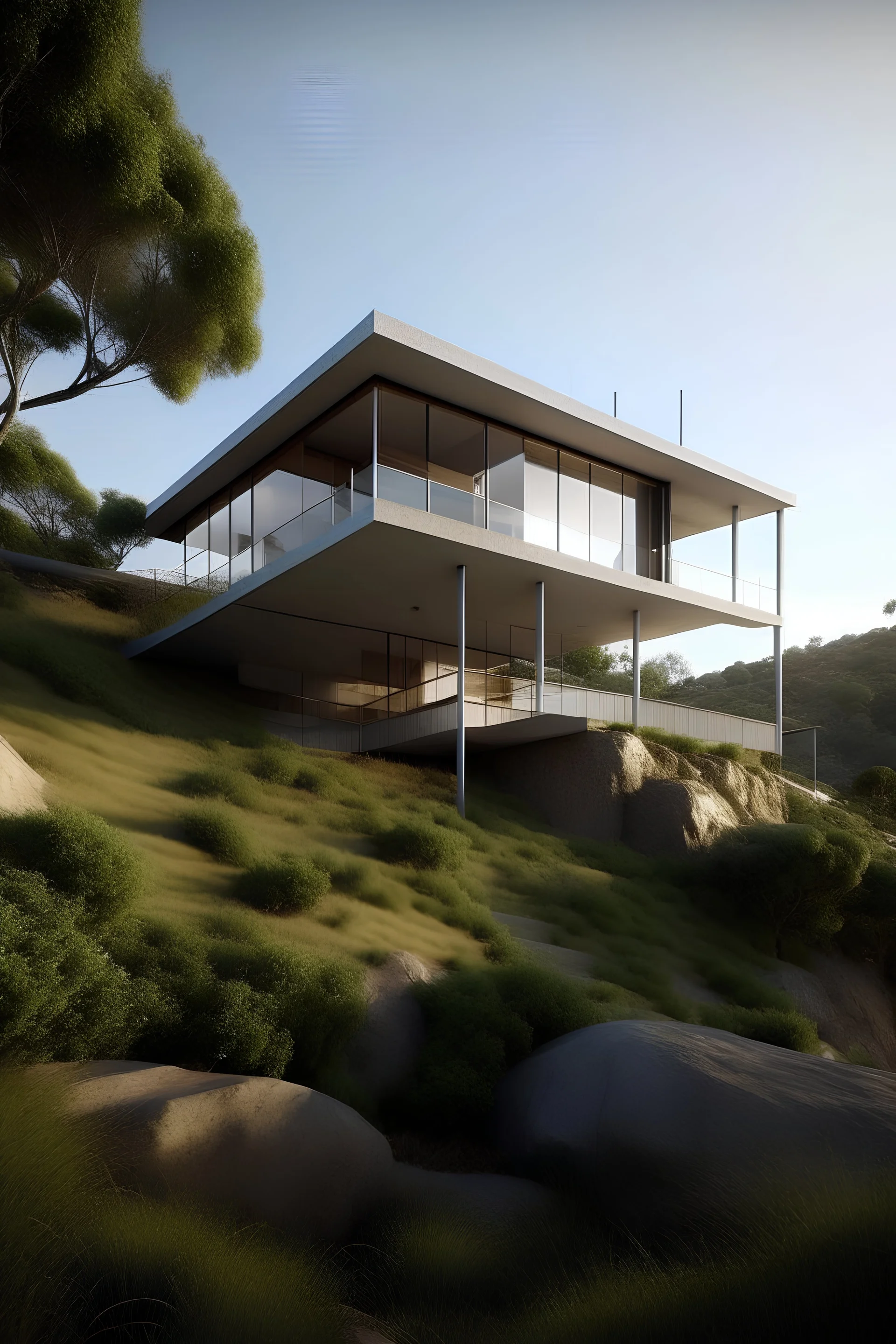 #6 house on the hill a streamlined solution devised for a tight space, with the entrance and dining/ living rooms on the upper floor, and the bedrooms down below. While responding to the steeply sloped terrain, this solution offers a further advantage: it allows a veranda to be added to the living room - which enjoys exceptional panoramic views - without impeding in any way the connection between the interior and the grounds, which are accessible from the dining room terrace at the rear. The e
