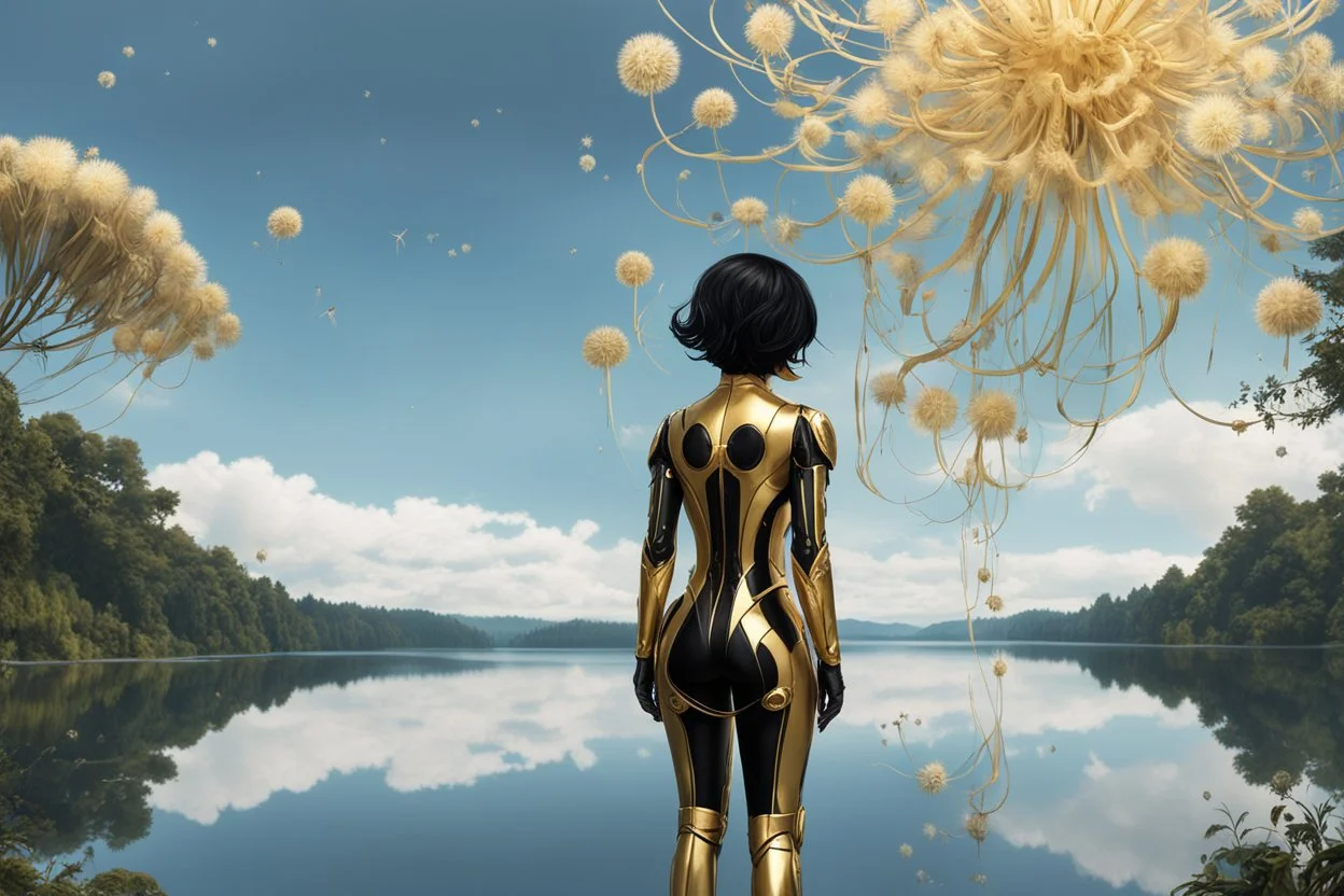 A skinny woman with black hair, in a gold and black android suit, standing, looking out over a lake, with flying dandelion heads with octopus tentacles, with tall narrow cloud trees in the distance