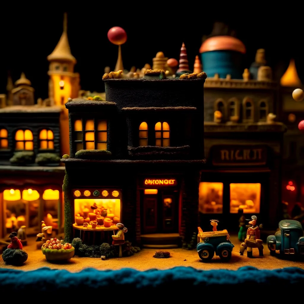 Close-up photograph of a diorama building, city, store, advertising, land-of-toys with detailed vintage toys made of cake-frosting and felt, strong texture, extreme detailed, movie shot, rich moody colors, sparkles, night, nightmare