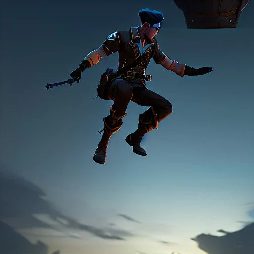 a soldier jumping off of an airship, over a battlefield at night