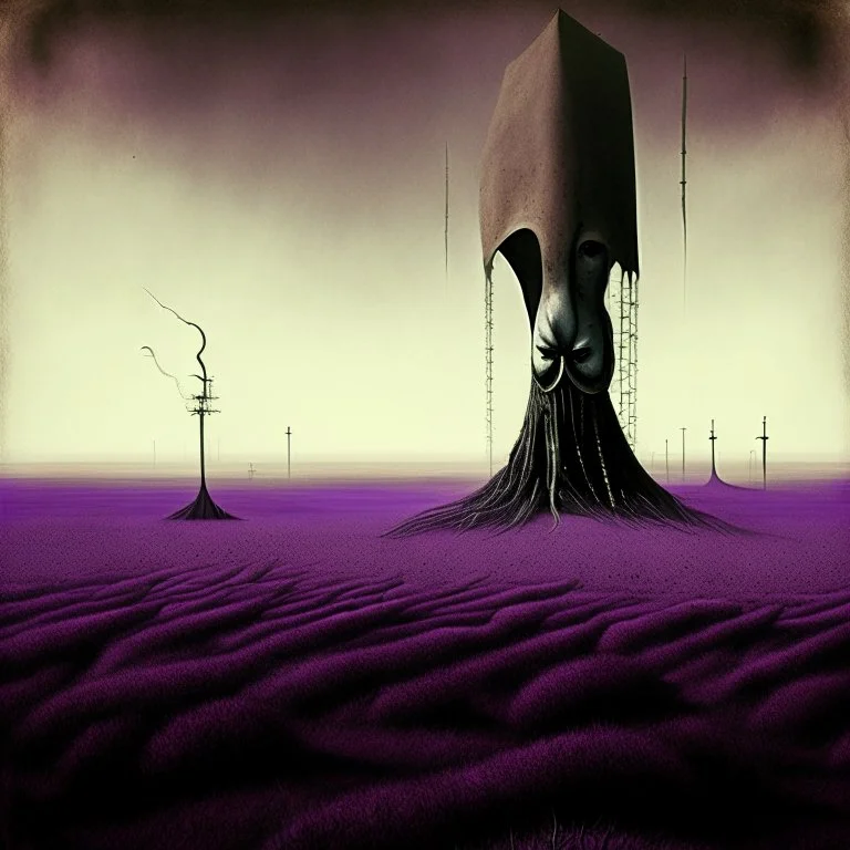 A reaper on the oilfields make for your shallow grave, wrap you in a flag and forget your name, by Anton Semenov, by Yves Tanguy, by Victor Pasmore, Westerngaze surreal album cover illustration, scary sepia and purple complimentary shades, octane render, gritty, weird, volumetric lighting, abstractions