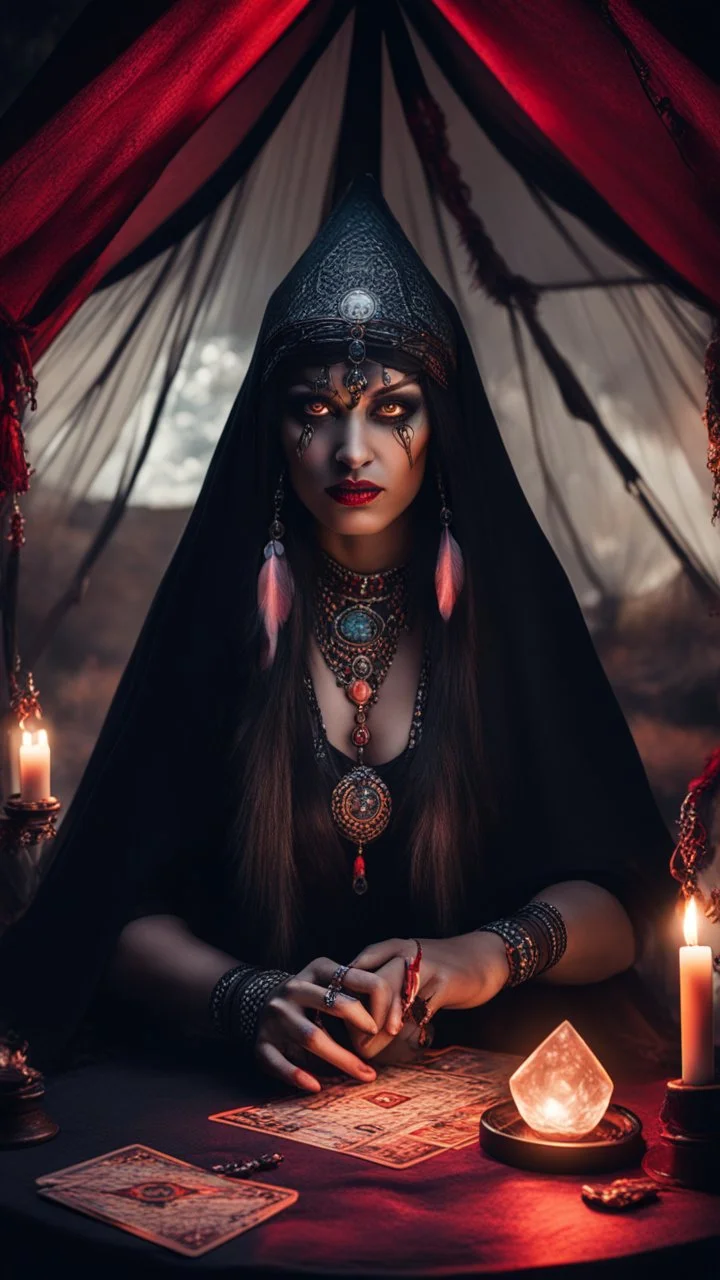 Hyper Realistic photographic-view of Wicked-&-Beautiful-Fortune-teller-with-glowing-red-eyes wearing black-beed-necklace-&-bracelet angrily Looking at her crystal-ball glowing magically & sitting in her tent at dark-night decorated with fancy-traditional-feathers-&-tarot-cards showing dramatic & cinematic ambiance"