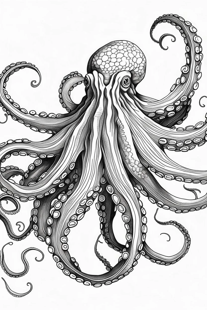 Outline art, no shading, full body octopus, black and white, low detail, --ar 9:11
