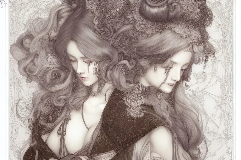 baroque style, elegant, long hair concept art, fancy clothing, fancy room interior, highly detailed, artstation, behance, deviantart, inspired by innocent manga, inspired by castlevania concept art, trending, ayami kojima, shinichi sakamoto