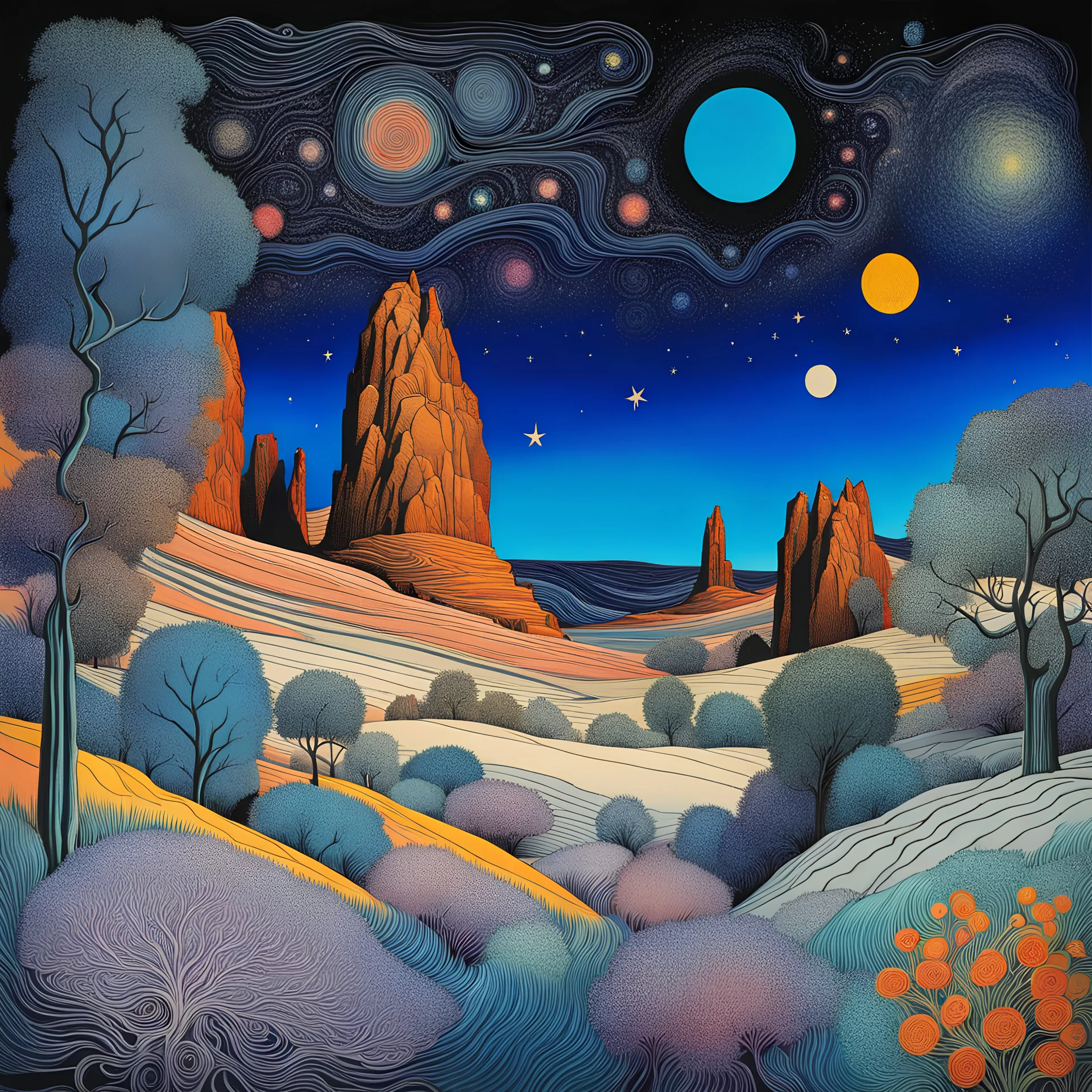 Colourful, peaceful, Max Ernst, night sky filled with galaxies and stars, rock formations, trees, flowers, one-line drawing, sharp focus, 8k, deep 3d field, intricate, ornate, hypermaximalist