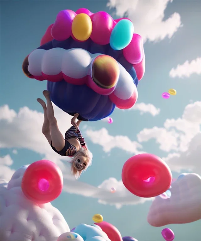 Ultra realistic speed clouds sky scene, wide angle view, sweet women falling down, inflatable color clothing, free jumping flying, many trinkets, hair monster, many jelly beans, balls, color smoke, smile, happy, circus style, extreme, wind, clouds sea, 20,000 feet altitude, stratosphere, soft color, highly detailed, unreal engine 5, ray tracing, RTX, lumen lighting, ultra detail, volumetric lighting, 3d, finely drawn, high definition, high resolution.