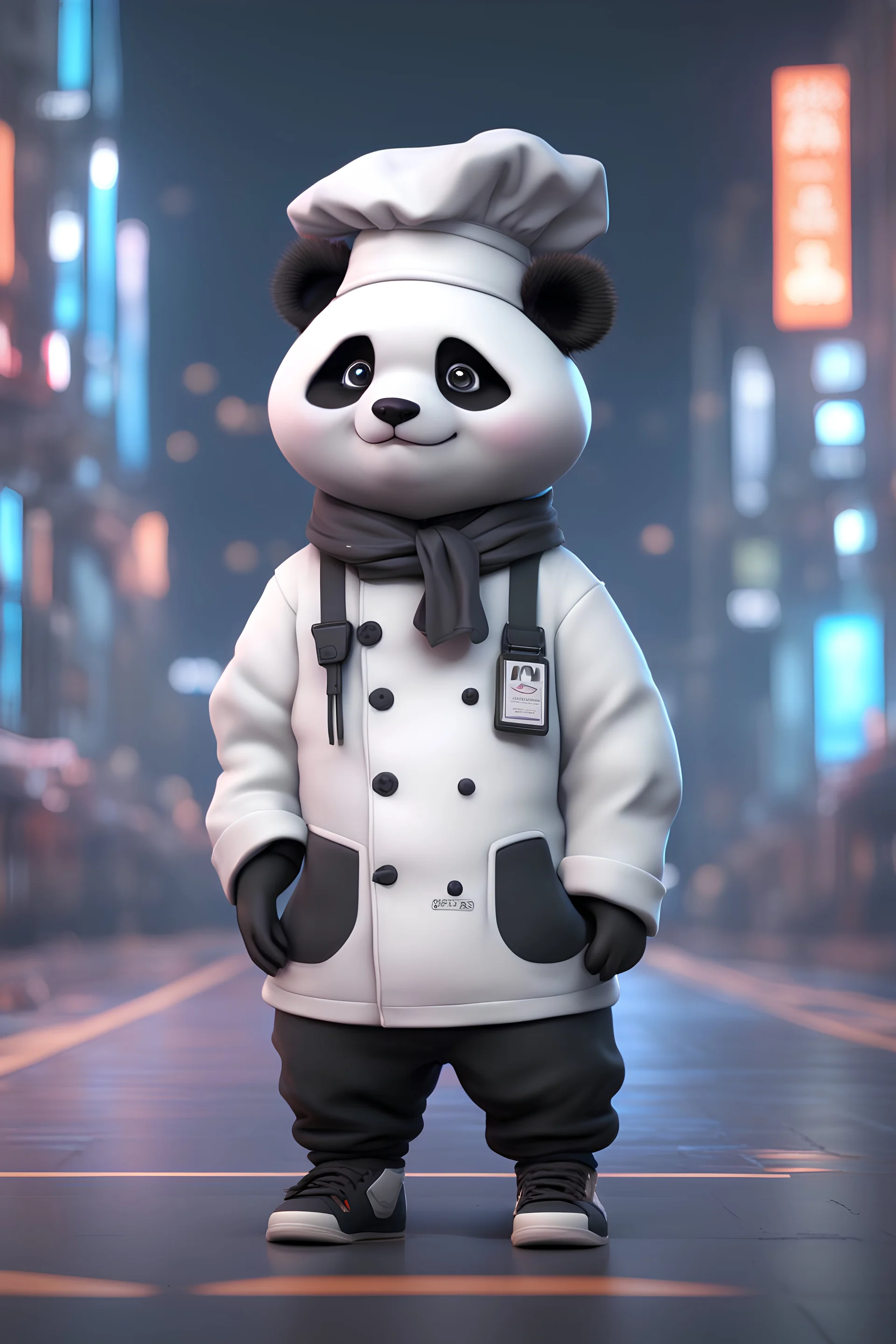 cartoon cute panda with white and sneakers, Cyberpunk realism style, front view, wearing a chef costume, zbrush, Arys Chien and light black, lit children, 32k uhd, street fashion, round,8k,HD
