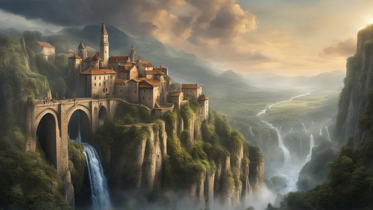 a waterfall falling upon a medieval city at the end of a steep, narrow, 3.000 feet tall ravine. a masterpiece, fantasy concept art, dynamic lighting, hyperdetailed, intricately detailed, deep color, Unreal Engine, volumetric lighting, Epic cinematic brilliant stunning intricate meticulously detailed dramatic atmospheric maximalist digital matte painting