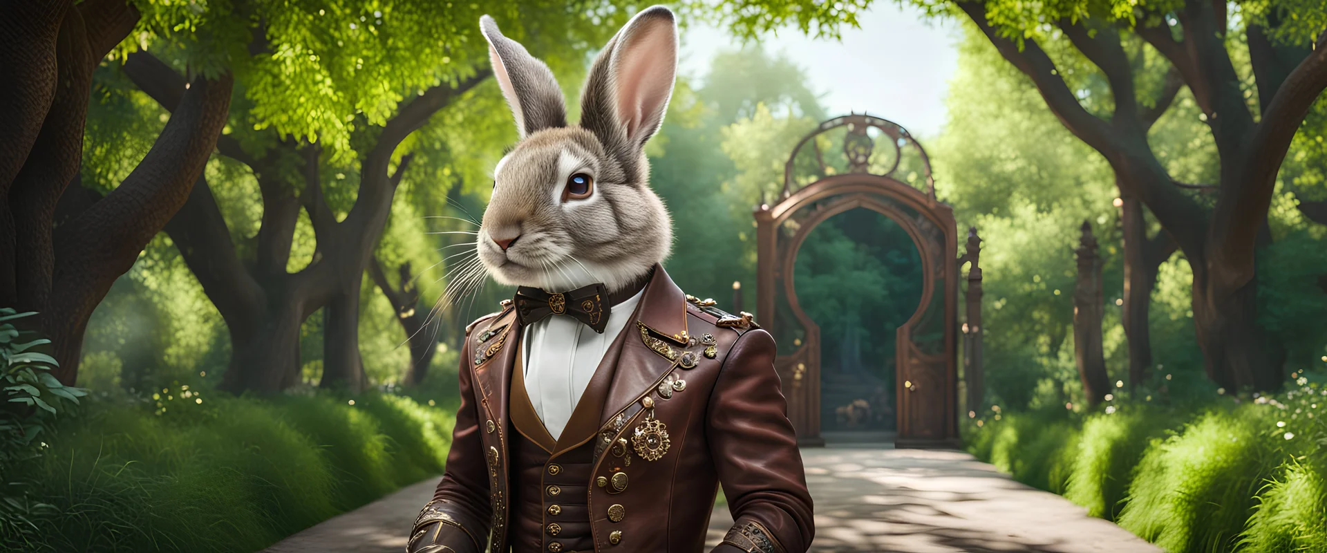 High-end state-of-the-art STEAMPUNK aesthetics flawless, cute Rabbit under a Persian Silk Tree, forest alley background, close-up shot, realistic,Highest quality telescopic Zeiss Zoom lens, supreme cinematic-quality photography, steel walnut wood green leather clothes, Art Nouveau-visuals,Vintage style Octane Render 3D technology,hyperrealism photography,(UHD) high-quality cinematic character render,Insanely detailed close-ups capturing beautiful complexity,Hyperdetailed,Intricate,