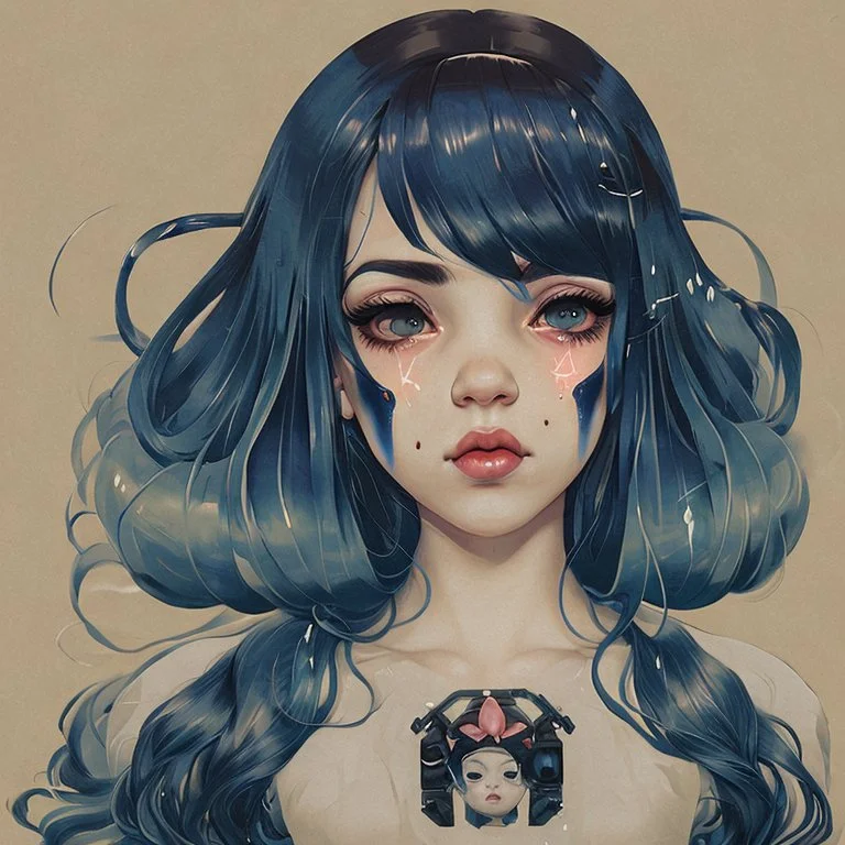 A beautiful portrait painting of a Singer Melanie Martinez face by Katsushika Hokusai, beautiful cyberpunk huge girl, symmetry, hyperdetailed, illustration darkblue tones,