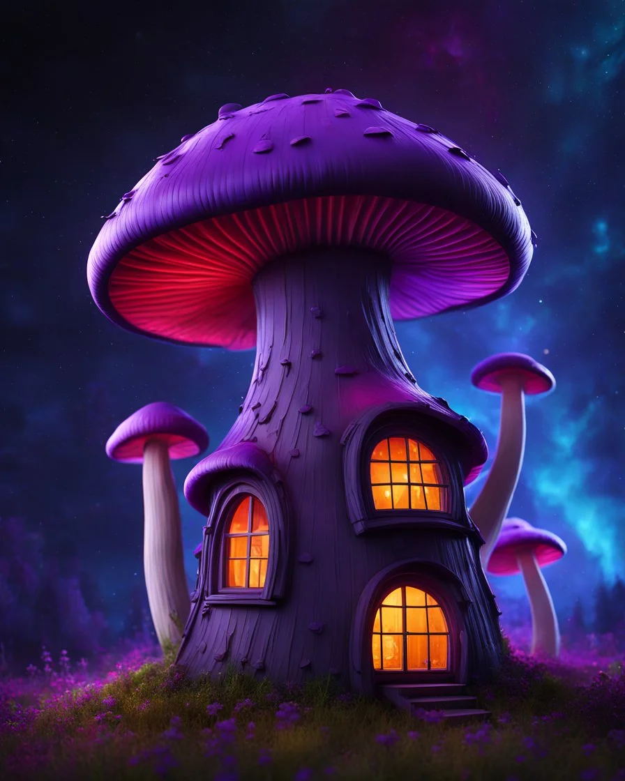 An asymmetrical mushroom house in the night sky. in space. Bright Bold Bright Colors, purples blues greens, Stark Dark background. Detailed Matte Painting, deep color, fantastical, intricate detail, splash screen, hyperdetailed, insane depth, Fantasy concept art, 8k resolution, trending on artstation, Unreal Engine 5, color depth, Deep Colors, backlit, splash art, dramatic, splash art Style. High Quality, Painterly, Whimsical, Fun, Imaginative, Bubbly, good detail, perfect composition,