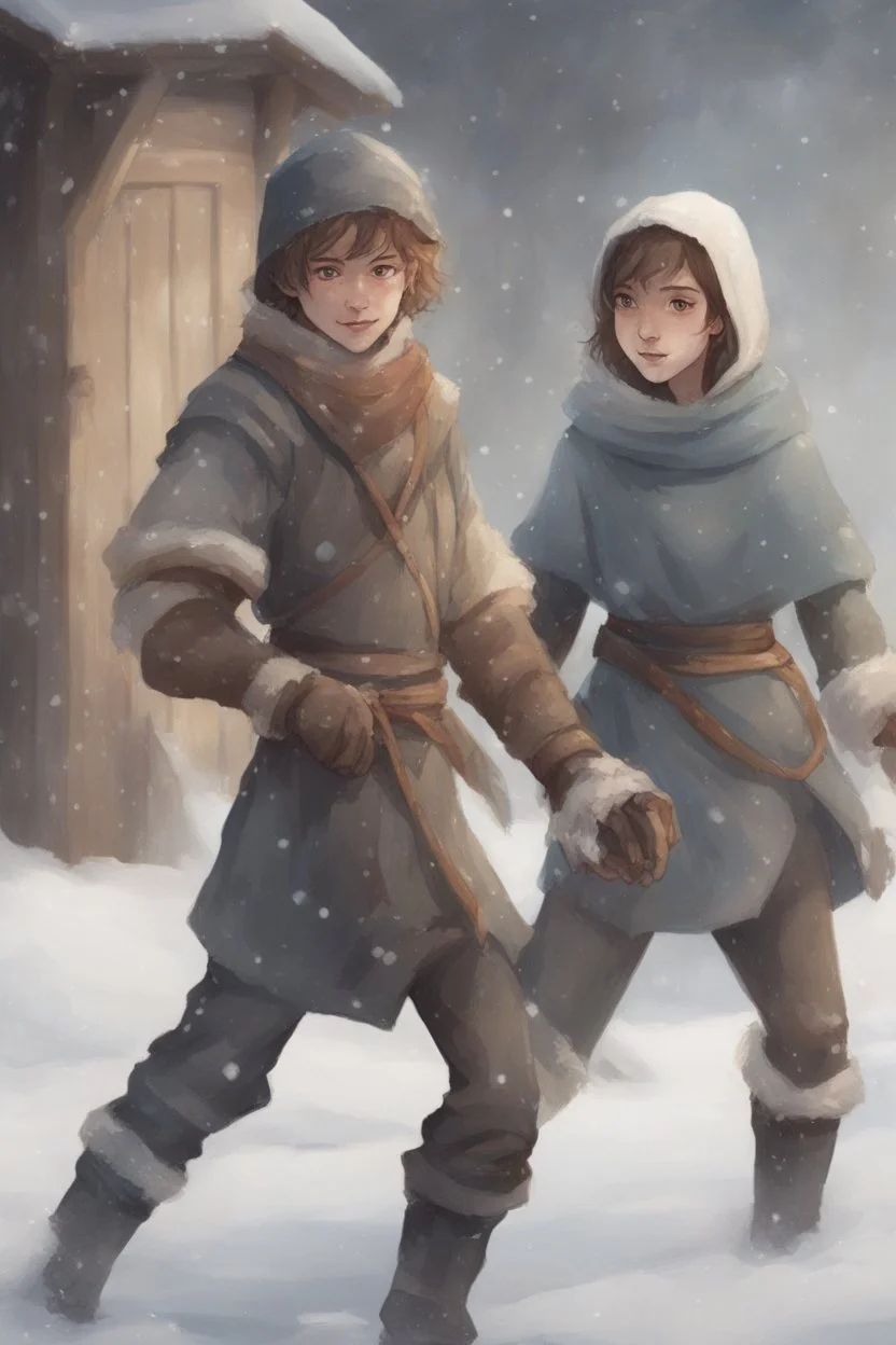 DnD style, two medieval peasant kids playing in the snow male and female, age 14 and 15, happy and playful