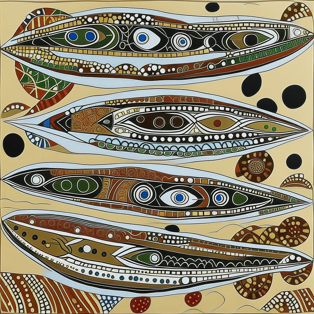 Airships in the white sky designed in Australian aboriginal art