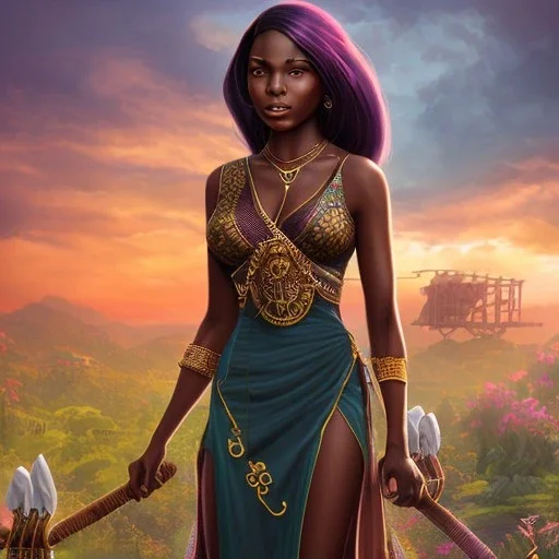 Full body, heroic fantasy, woman, dark skin, Indian, 20 years old, half-hawk haircut, magician, hourglass body