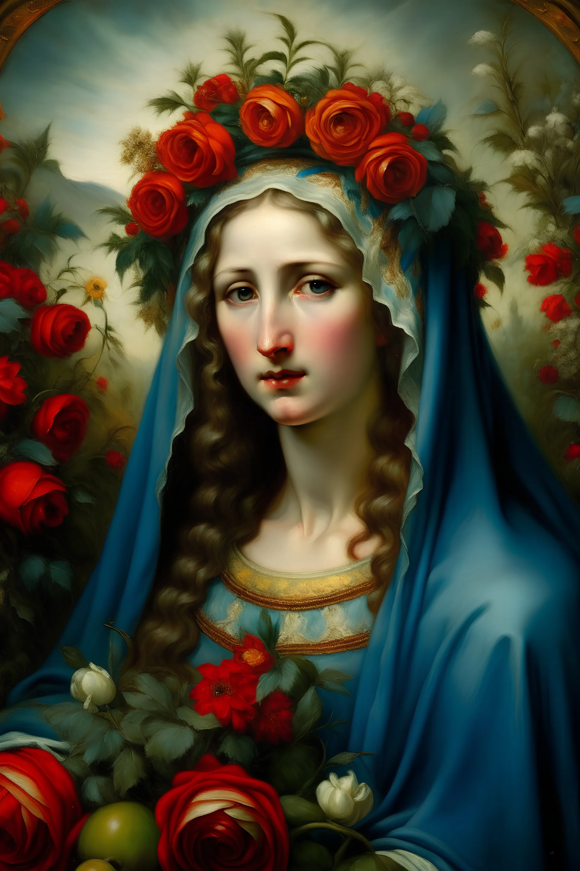 A painting of the Virgin Mary in the pre-Raphaelite painting style mixed with Edvard Munich’s style