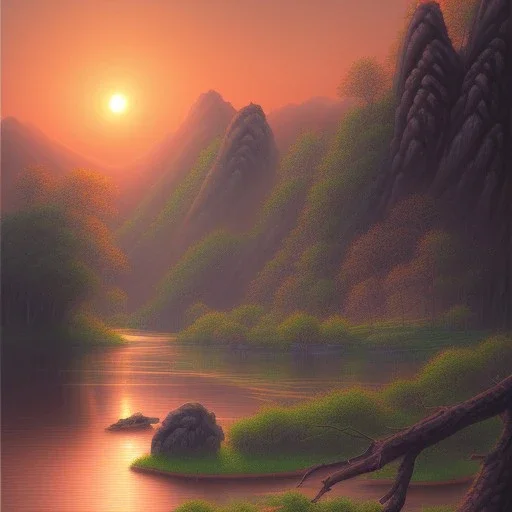 uma paisagem chinesa com rios e arvores, por do sol ao fundo, desenho a lapis, tons pastel