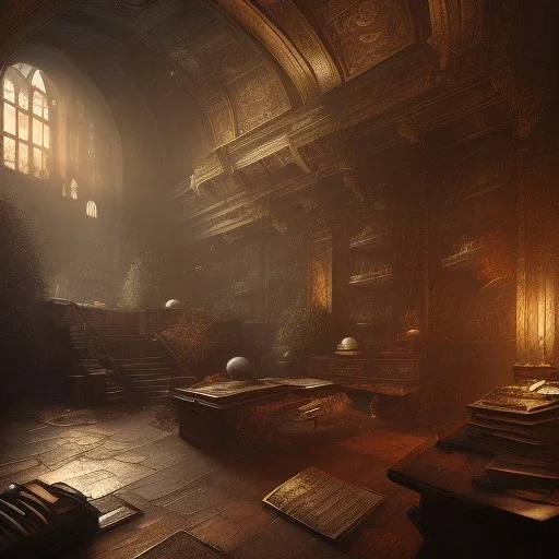 dark fantasy concept art, dynamic lighting, hyperdetailed, intricately detailed, Splash screen art, deep color, Unreal Engine, volumetric lighting, fantasy library artwork, indoors, cozy, leather, wood, clock, library, books,