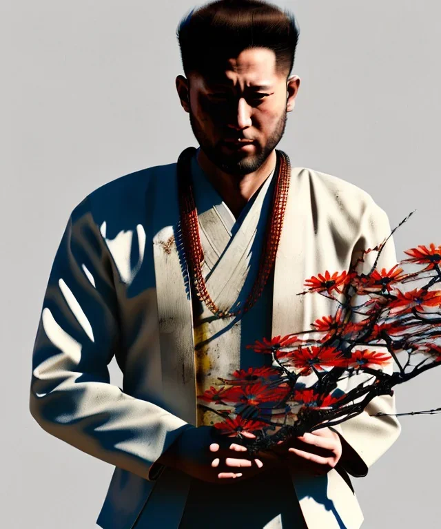 an abstract painting of rusted metal and flowers, Japan Samurai, Geisha style, Sakura, 8K, a Highly detailed stunning portrait of Dom man holding a submissive woman by the chain, realistic face, white suit, beard, and short hair, bad boy