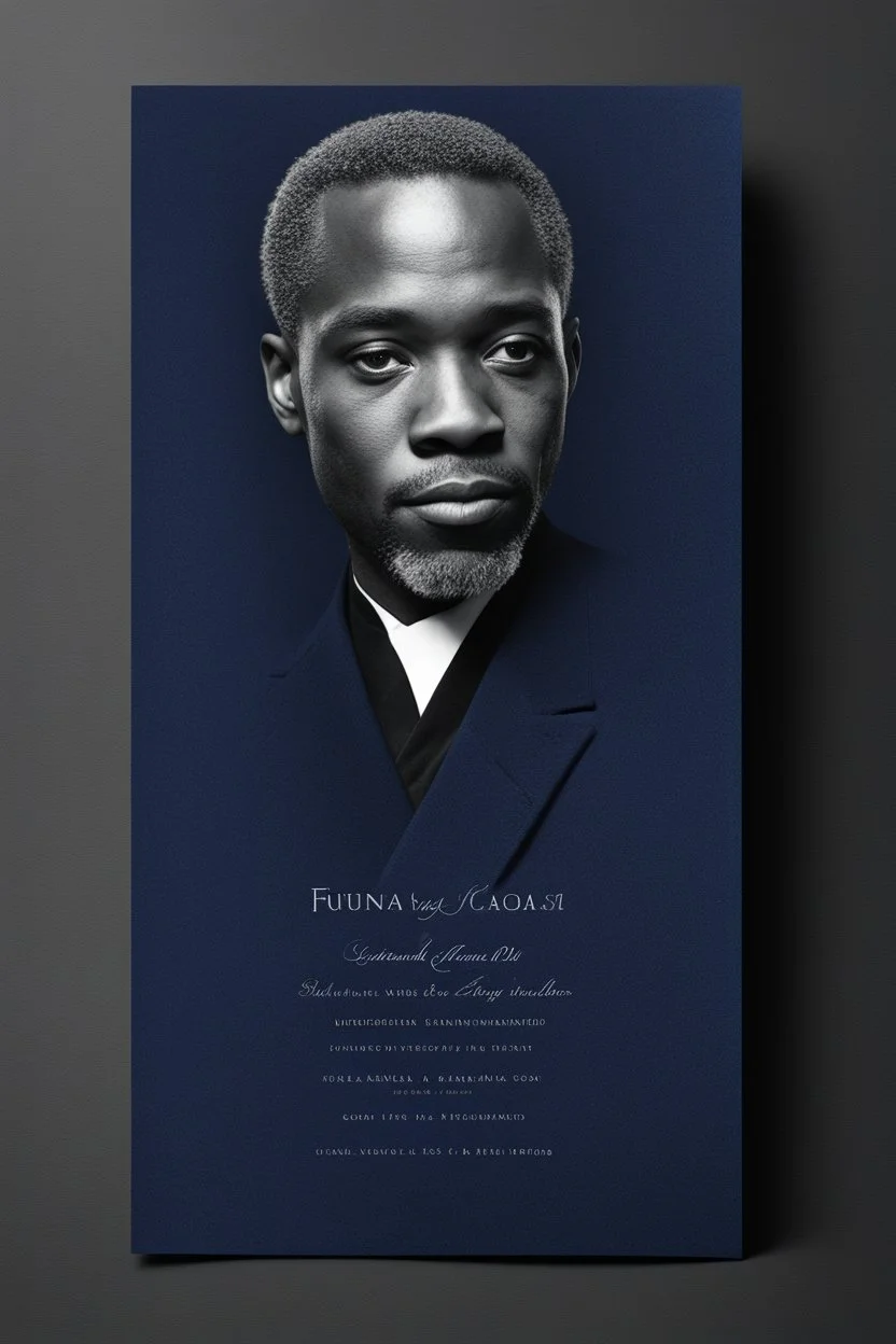 An extremely formal, funeral program for a black man on darkest blue deeply pigmented velvet paper with brilliant, brightest heavy white fonts, simple, minimalistic, less element, very dramatic lighting, detailed, white printers elements,