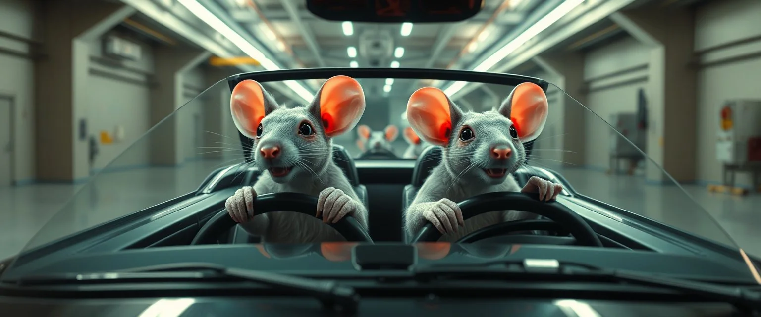 car driving happy 2d neon fluffy orc racer rats with human hands in the style of Escher and Giger and Fallout 4, pinhole cam, airbrush 3d rendering, on tv screen:A five-second cinematic single take in a clean industrial presentation hall.