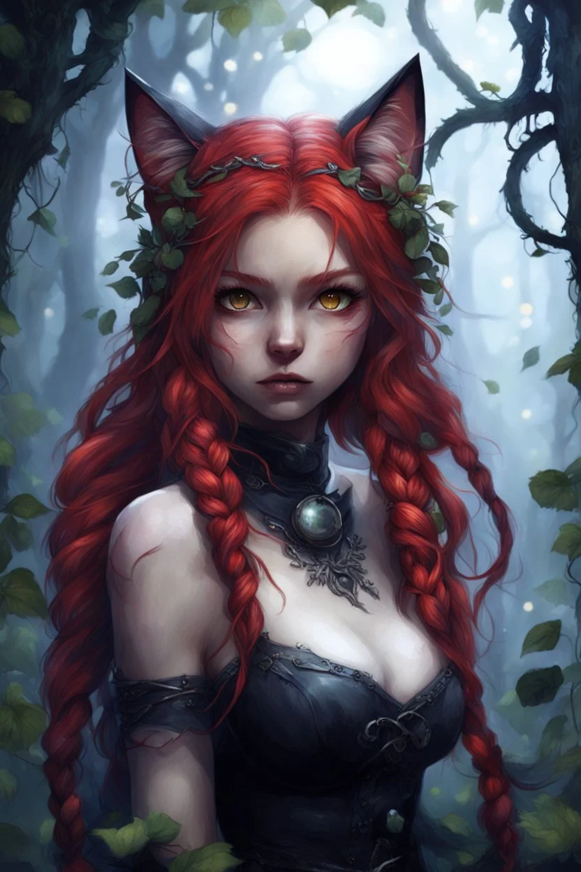 CAT GIRL, FANTASY, FORESTY, VINES, SOULLESS, FLUFFY TAIL, RED HAIR, BRAIDS, METAL