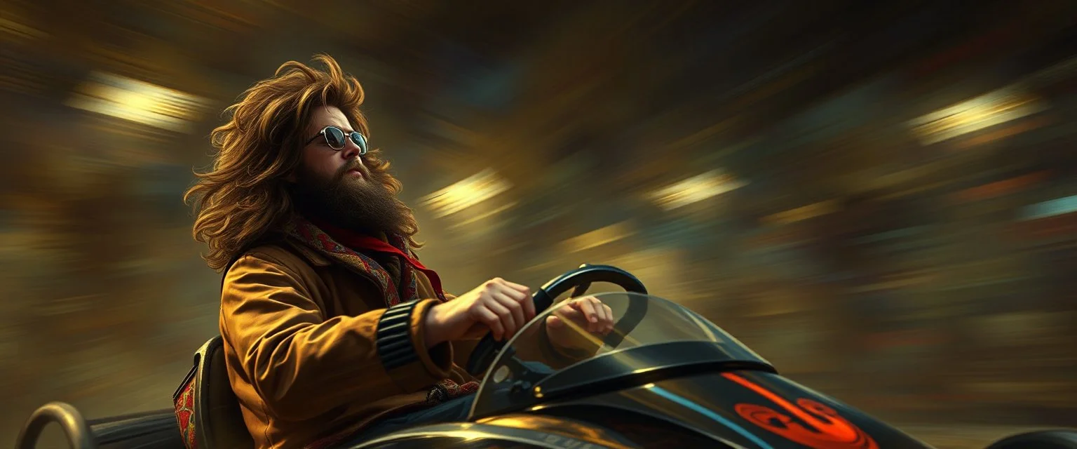 gokart mozart and stevie wonder bewildered looks beyond really powerful, fantasy illustration in the style of Rembrandt, motion blur background