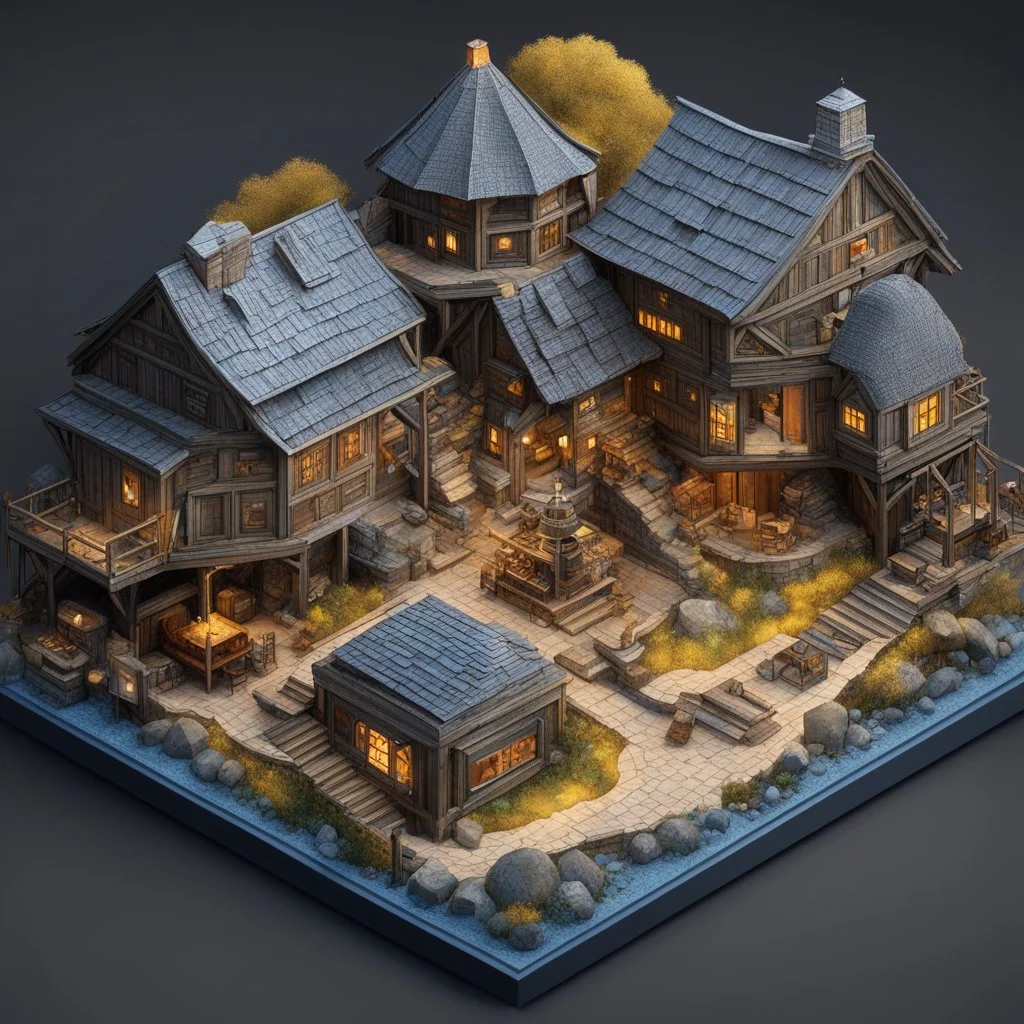 a Detailed Model of diagrams and instructions for creating digital houses. A detailed isometric digital illustration. The central focus is a miniature, intricately detailed Miniature mine of Dwarf in the Lord of the Rings, pikes, coal, gold, minerals, trolleys