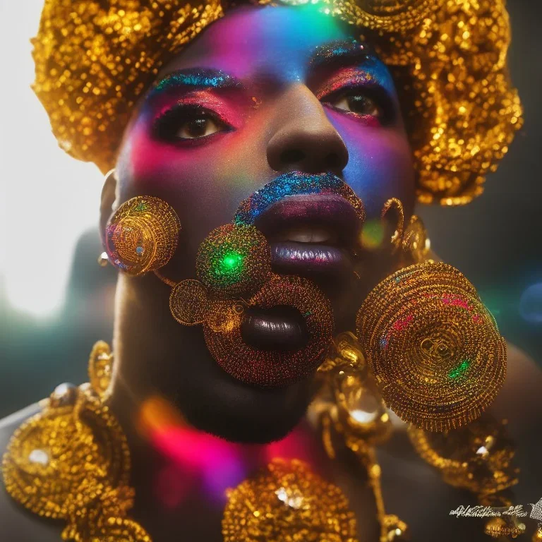 full body shot, masterpiece, best quality, man of median age, black skinned, sparkling eyes, fluorescent skin, colorful makeup, afro, highly detailed body, afrofuturism, scifi, sun light, 4K, RAW, depth of field, high contrast, realistic details, 24mm