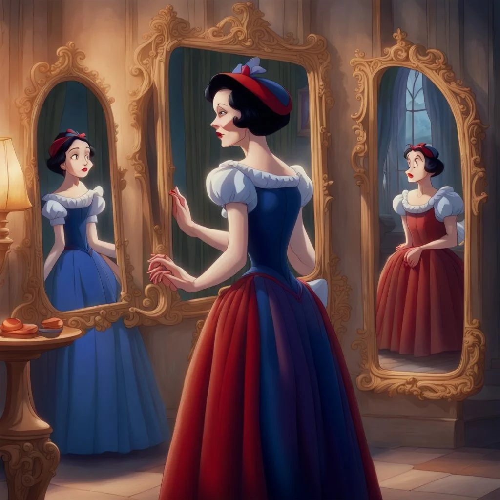 Snow White's stepmother stands in front of the mirror and asks a mirror, a mirror on the wall, who is the most beautiful of them all? From the mirror she sees a picture of an ugly and disgusting witch