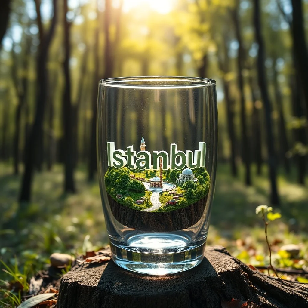 Create hyper-realistic photo of a glass tumbler in a wild forest. Inside, a miniature [Istanbul] with landmarks. A trasparrent 3D text of [Istanbul] blends naturally into the landscape . Soft bright daylight, reflections, and subtle imperfections like fingerprints. DSLR quality, sharp focus.