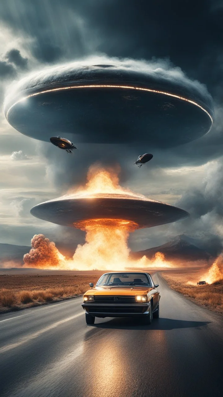 The image shows a photograph with a science fiction theme. Reflected in a side-view mirror, we see a car with passengers, driving on a desolate road. In the background, a large UFO hovers in the sky while multiple explosions erupt in the distance, sending up clouds of smoke and fire. The mirror's border frames this chaotic scene, juxtaposing a calm, seemingly oblivious drive with the dramatic events unfolding behind.