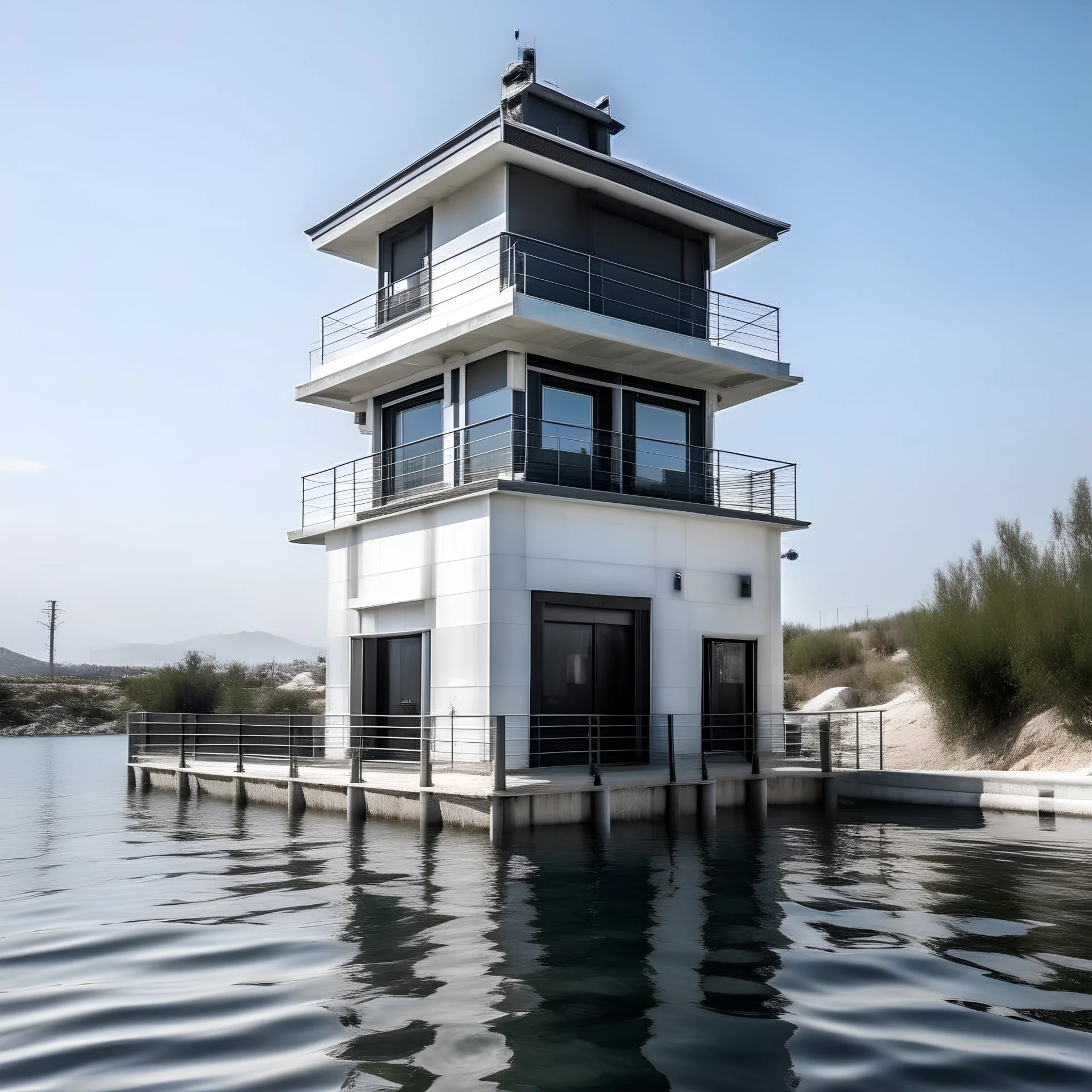 the two-storey water rescue station with a tower 12 meters high is white with black stripes