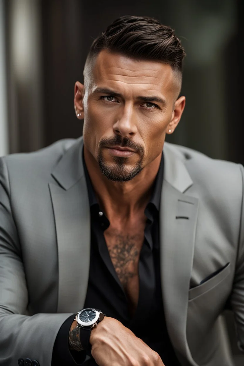 portrait of a 40 year old Handsome muscular male leader with lightly tanned skin and tattoos. Dark hair cut short and a goatee beard. wearing an armani suit. photorealistic