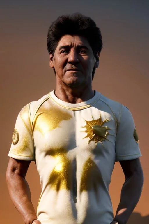 Ultra Realistic image, classic sculpture, white marble material, Maradona, gold sun crown, gold veins, gold ornaments, sun rays background, waist up portrait, epic, celestial, cinematic lighting, God lights, 4k resolution, smooth details, soft lighting, unreal engine 5, art station, substance 3d.