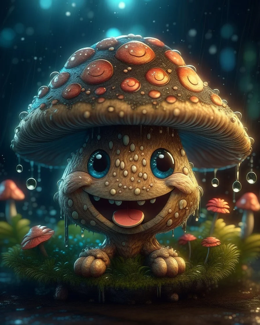 Magical mini kawaii mushroom with smiling face, Liquid Structure, Flying Petals, Sparks, Lightning, Splash, Portrait Photography, Fantasy Background, Intricate Patterns, Ultra Detailed, Luminous, Radiance, Ultra Realism, Complex Details, Intricate Details, 16k, HDR, High Quality, Trending On Artstation, Sharp Focus, Studio Photo, Intricate Details, Highly Detailed, By Greg Rutkowski